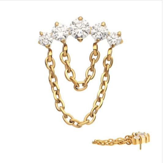 24Kt Gold PVD Titanium Threadless 5-Cluster Round AAA CZ Top with 2 Tier Dangle Chain
