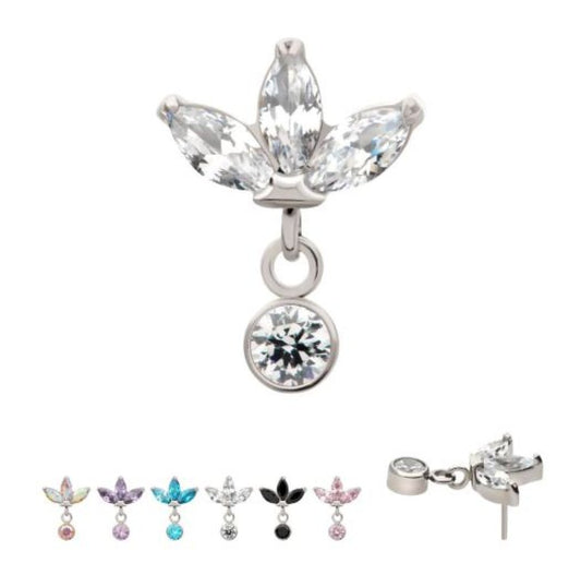 Titanium Threadless 3 Marquise Fan Top with Bezel Gem Dangle-clear