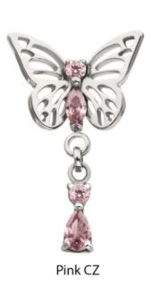 Titanium Threadless Butterfly Top with Prong Set 2-Gem Dangle-pink