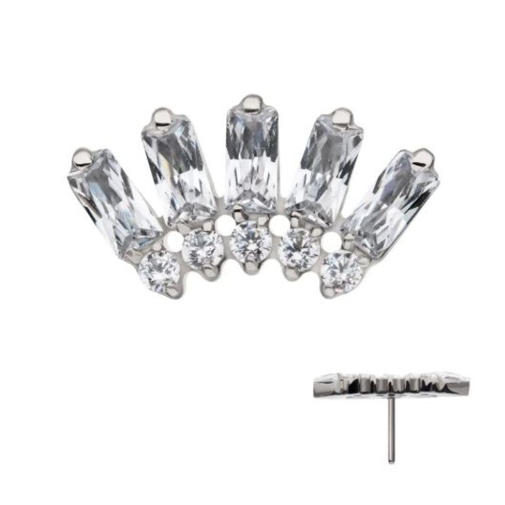 Titanium Threadless Prong Set Baguette & Round Gem Fan Shape 5-Cluster Top
