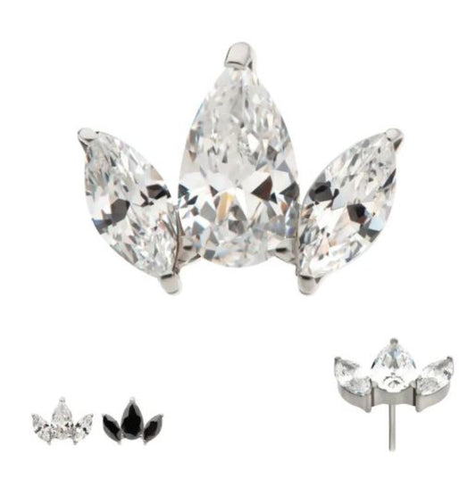 Titanium Threadless 3 Cluster Top with Prong Set Teardrop & Marquise CZ