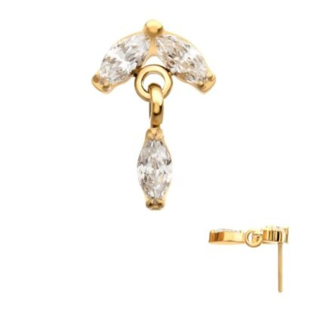24KT Gold PVD Titanium Threadless Twin Marquise Gem Top with Marquise Dangle