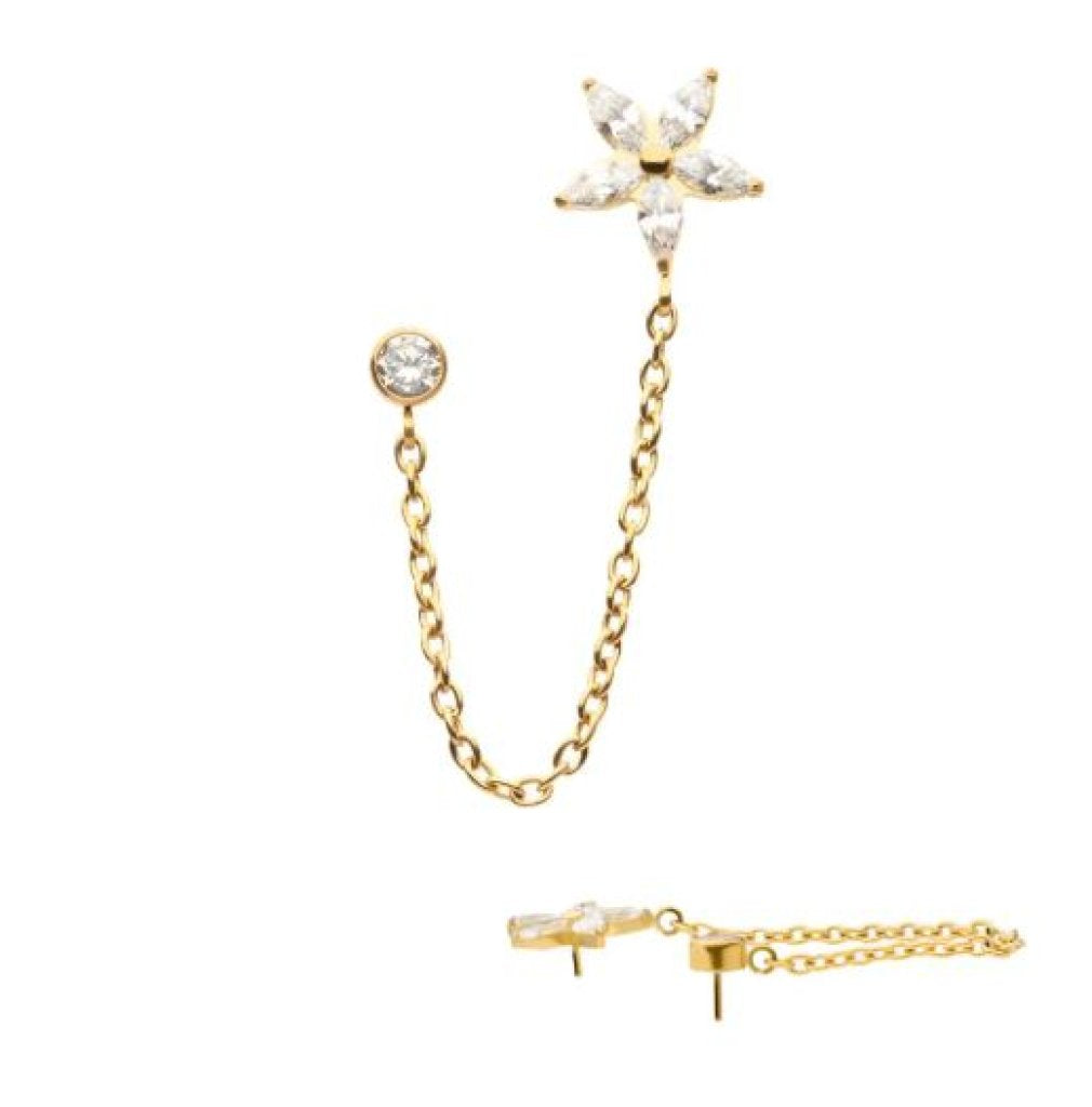 24Kt Gold PVD Titanium Threadless Marquise Flower Shape & Bezel Round Gem Top with Dangle Rolo Chain