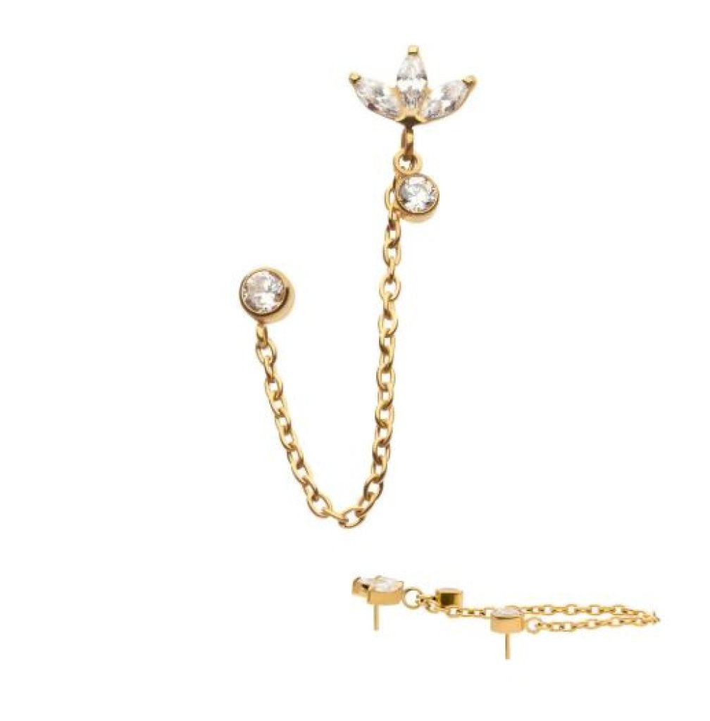 24Kt Gold PVD Titanium Threadless Marquise Trinity & Duo Bezel Round Gem Top with Dangle Rolo Chain