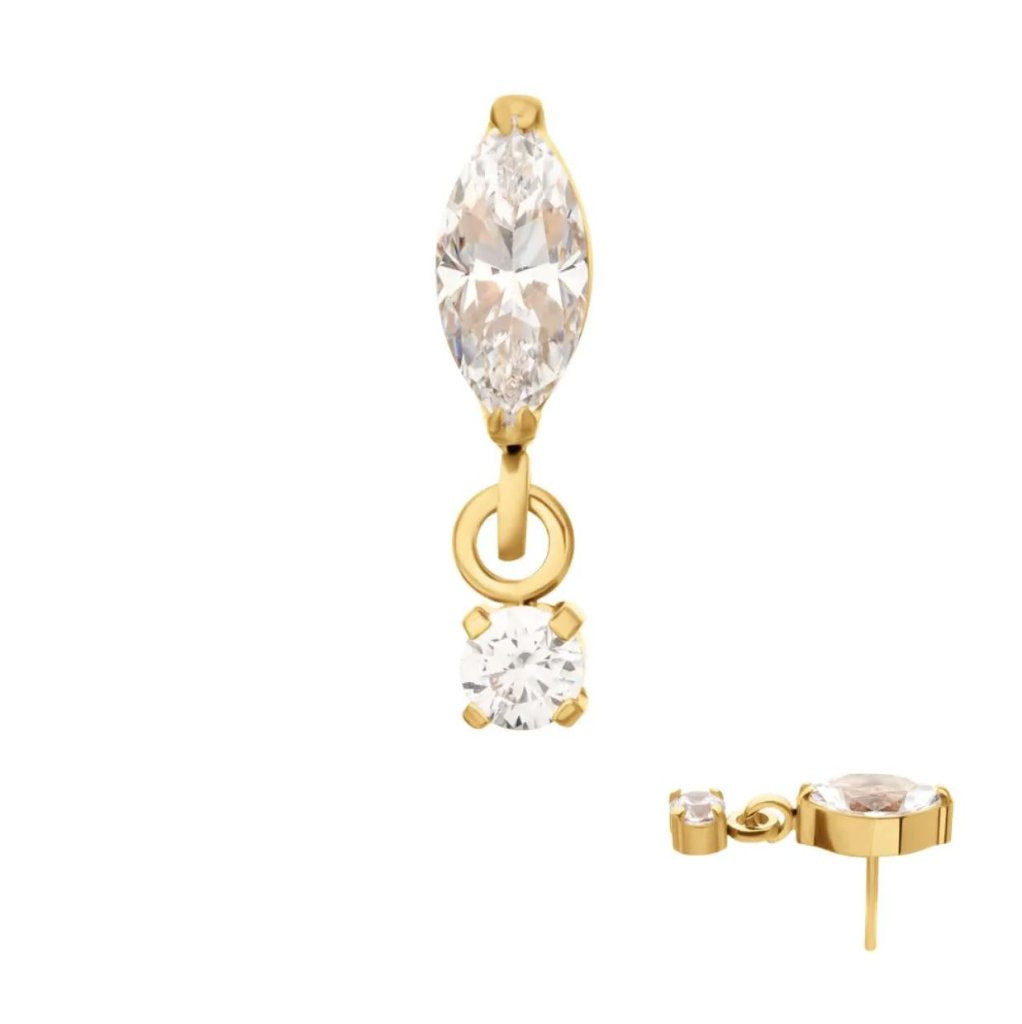 24KT Gold PVD Titanium Threadless Marquise Top with Prong Set Gem Dangle