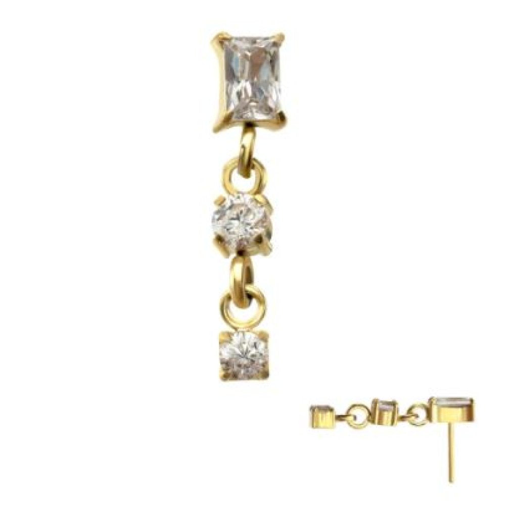 24Kt Gold PVD Titanium Threadless Prong Set Gem Baguette Top with Double Round Gem Dangle