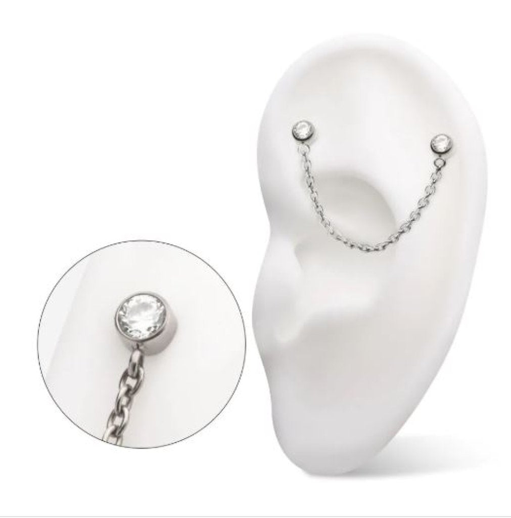 Titanium Threadless Double Bezel Set Gem Top with Rolo Chain Dangle