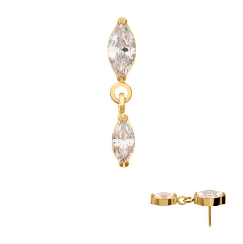 24KT Gold PVD Titanium Threadless Prong Set Double Marquise Gem Dangle Top