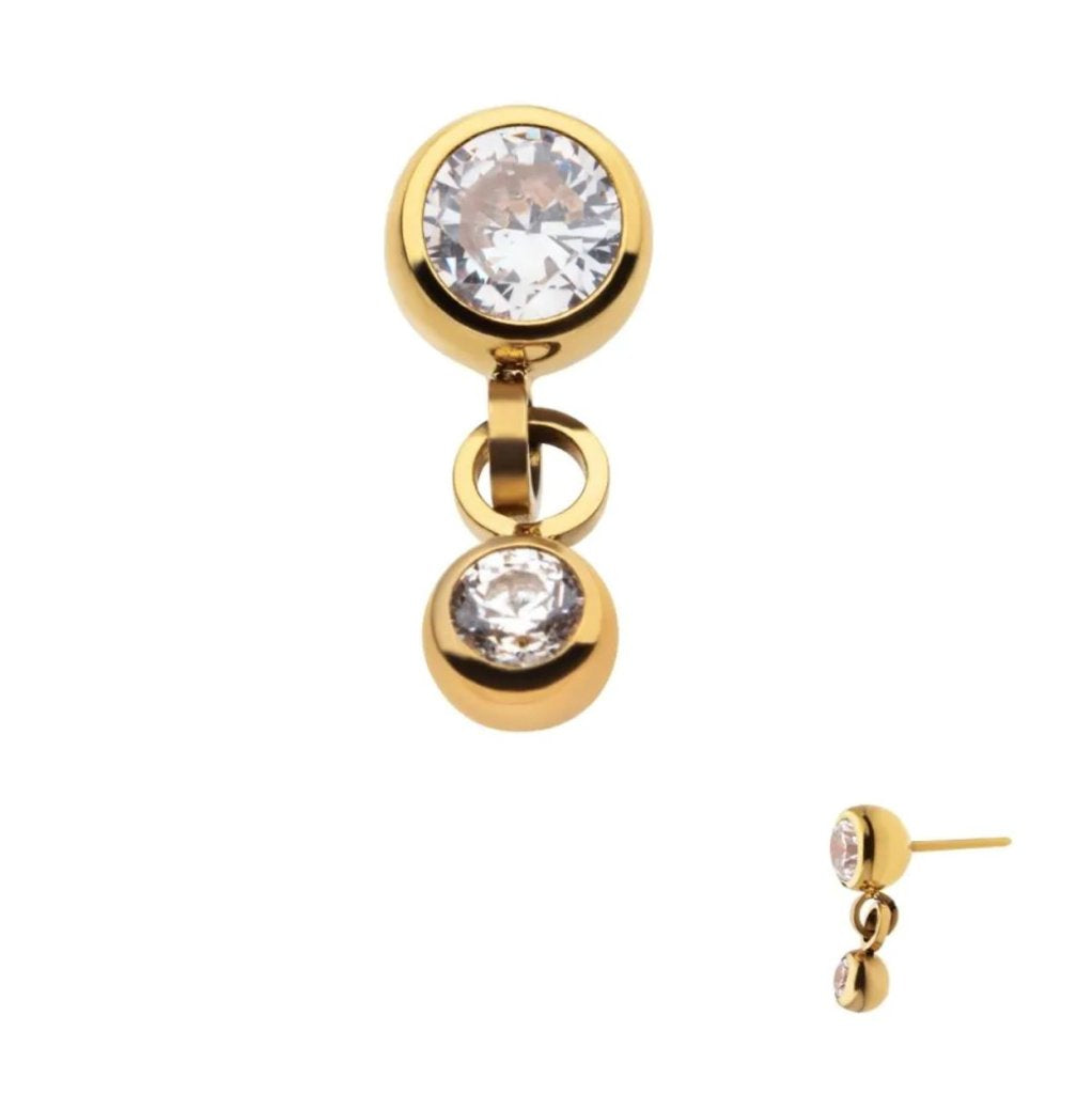 24Kt Gold PVD Titanium Threadless Double Bezel Set CZ Dangle Top