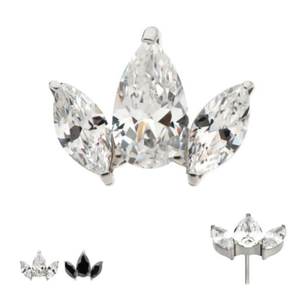 Titanium Threadless 3 Cluster Top with Prong Set Teardrop & Marquise CZ