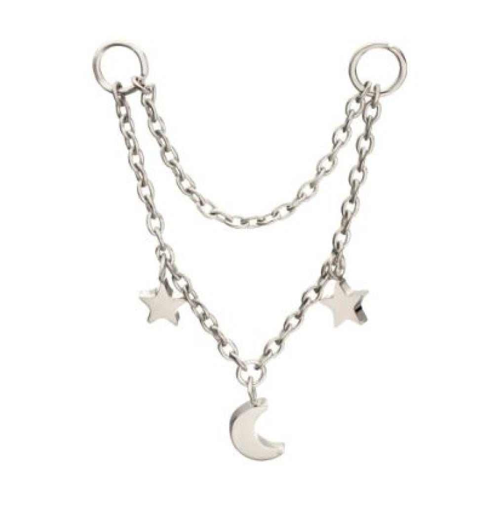 Platinum PVD Titanium Double Star & Crescent Moon 2-Tier Rolo Chain Dangle