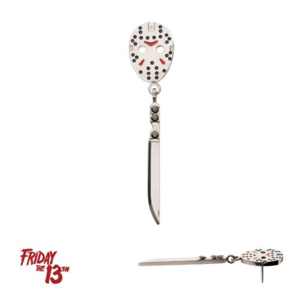 Titanium Threadless Enamel Friday The 13th Jason Mask Top with Black Gem Knife Dangle