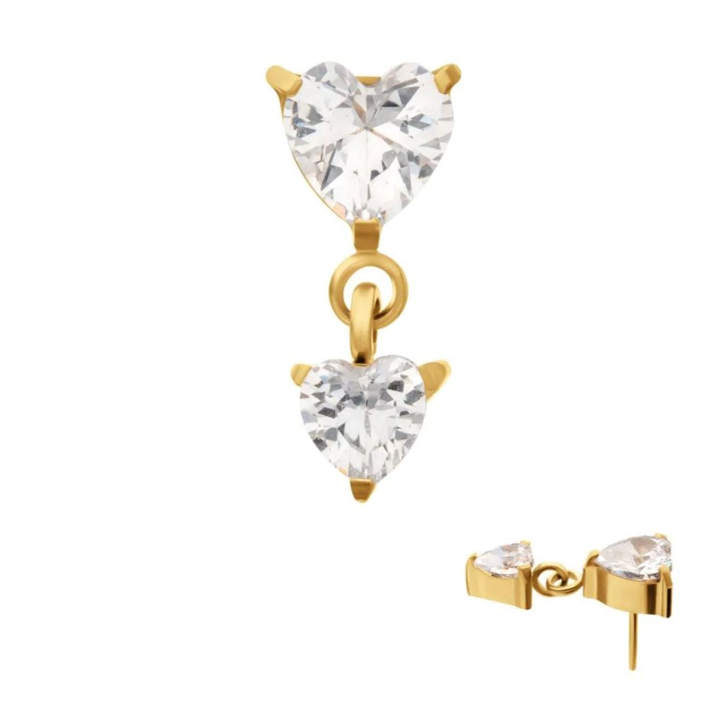 24KT Gold PVD Titanium Threadless Prong Set Double Heart Gem Dangle Top