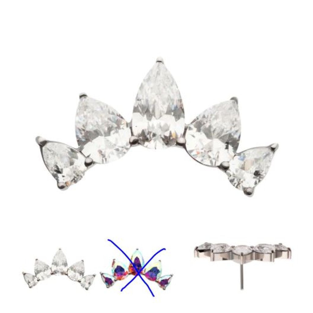 Titanium Threadless Prong Set Teardrop CZ 5-Cluster Fan Shape Top