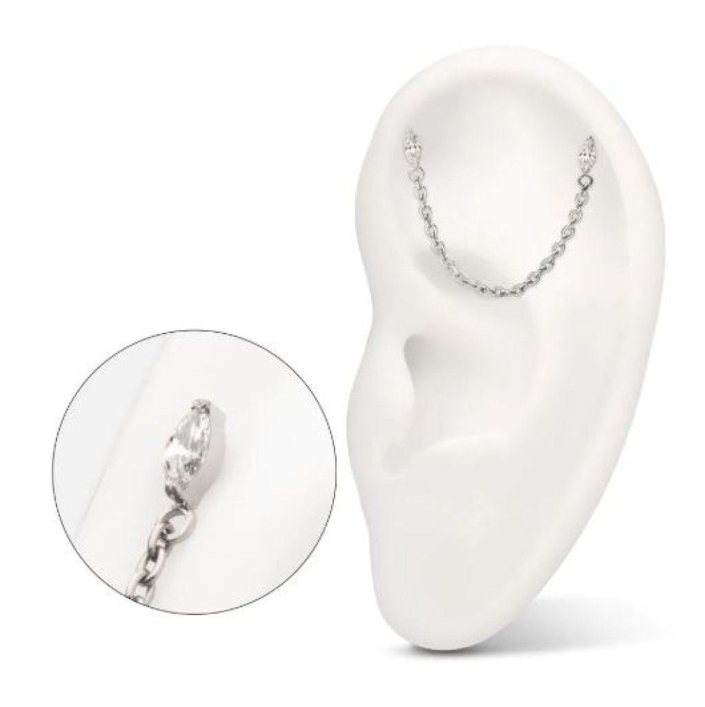 Titanium Threadless Double Prong Set Marquise Gem Top with Rolo Chain Dangle