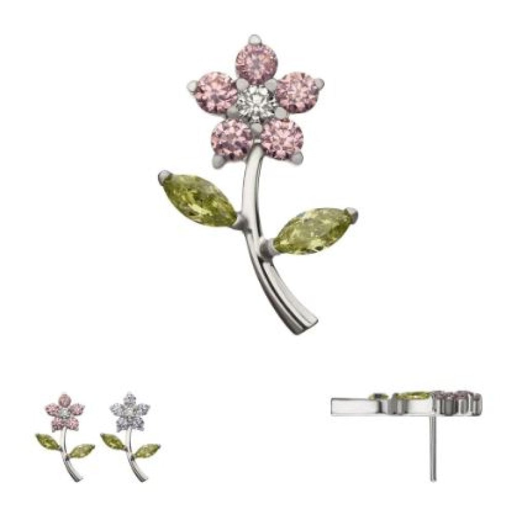 Titanium Threadless Prong Set Multi-Gem Flower & Stem Top - Light Lavender