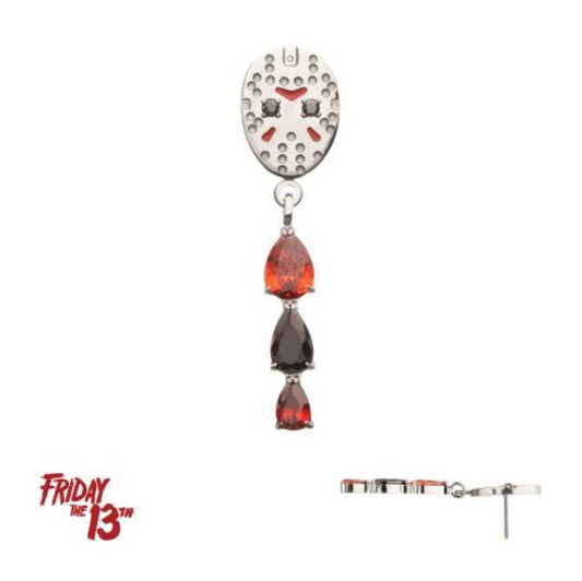Titanium Threadless Enamel Friday The 13th Jason Mask Top with Garnet / Black Gem Dangle
