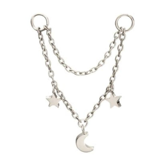 Platinum PVD Titanium Double Star & Crescent Moon 2-Tier Rolo Chain Dangle