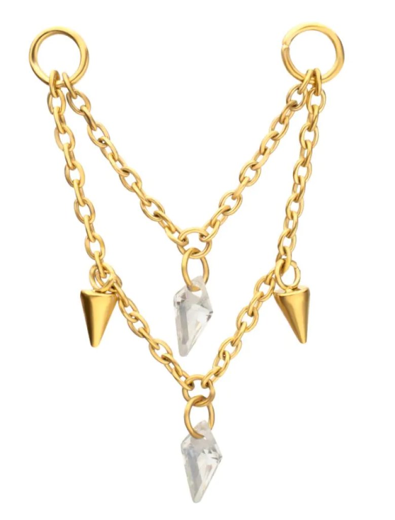 24Kt Gold PVD Titanium Double Spike & Kite Gem 2-Tier Chain Dangle