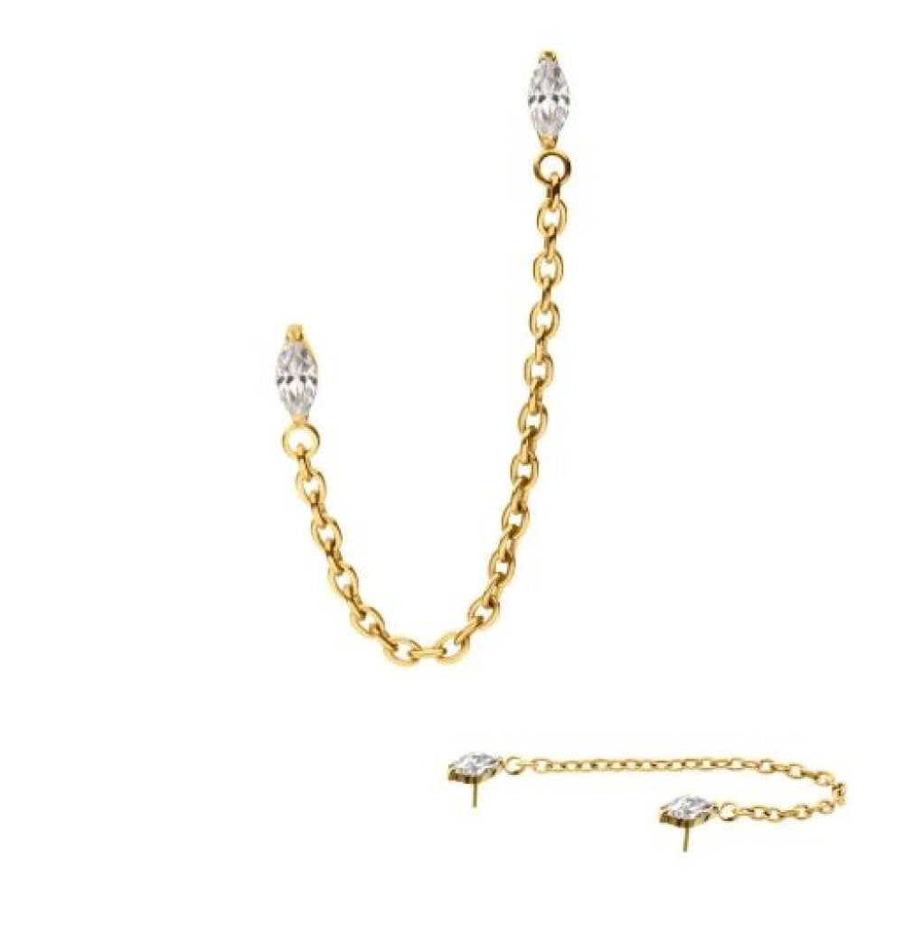 24Kt Gold PVD Titanium Threadless Double Prong Set Marquise Gem Top with Rolo Chain Dangle