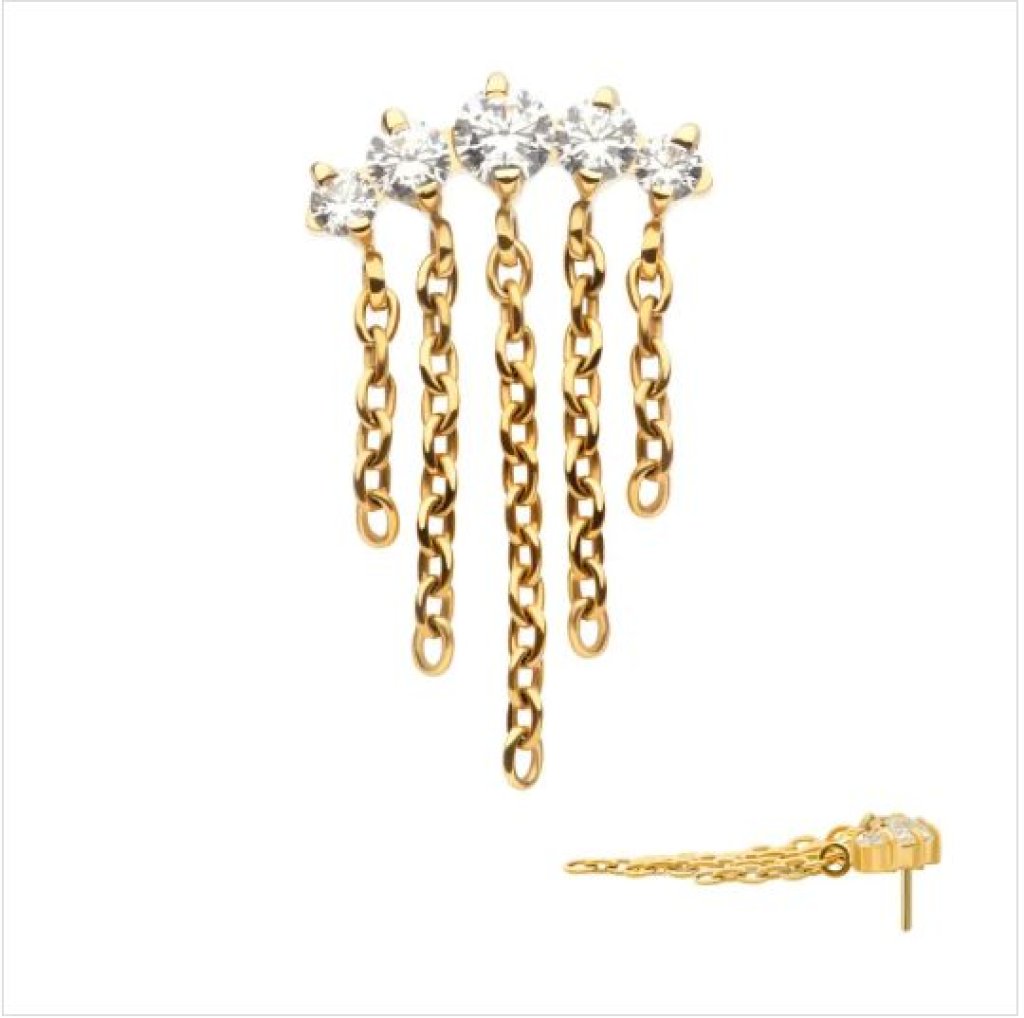 24Kt Gold PVD Titanium Threadless 5-Cluster Round AAA CZ Top with 5 Dangle Chains