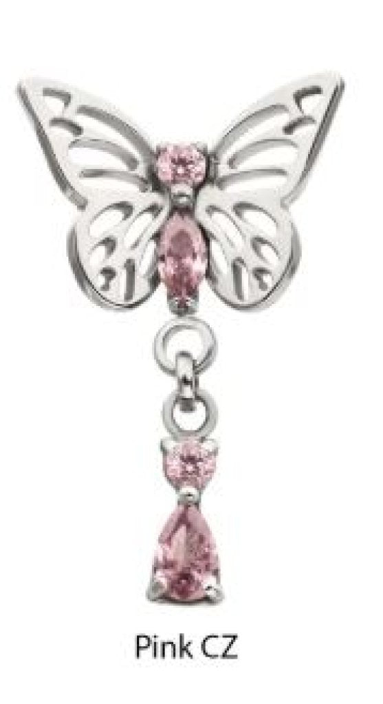 Titanium Threadless Butterfly Top with Prong Set 2-Gem Dangle-pink
