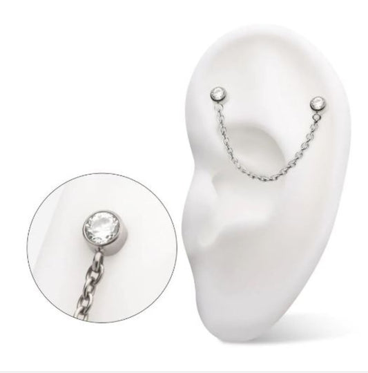 Titanium Threadless Double Bezel Set Gem Top with Rolo Chain Dangle