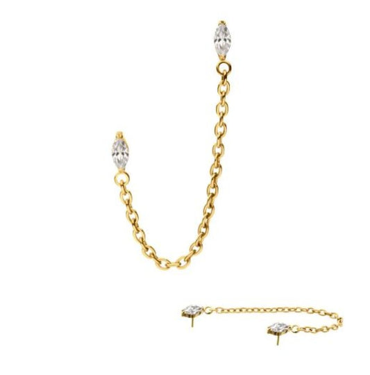 24Kt Gold PVD Titanium Threadless Double Prong Set Marquise Gem Top with Rolo Chain Dangle