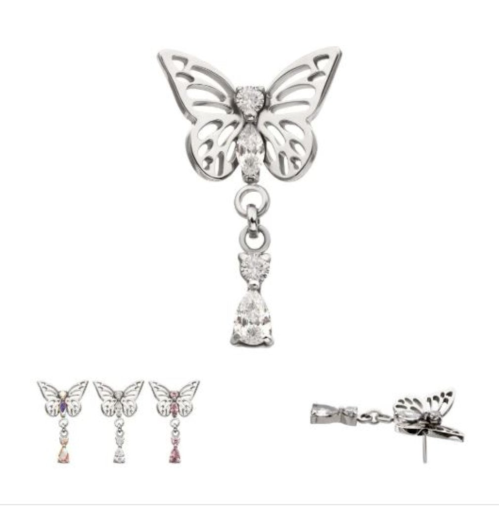 Titanium Threadless Butterfly Top with Prong Set 2-Gem Dangle - clear