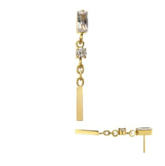 24Kt Gold PVD Titanium Threadless Prong Set Gem Baguette Top with Round Gem & Bar Dangle