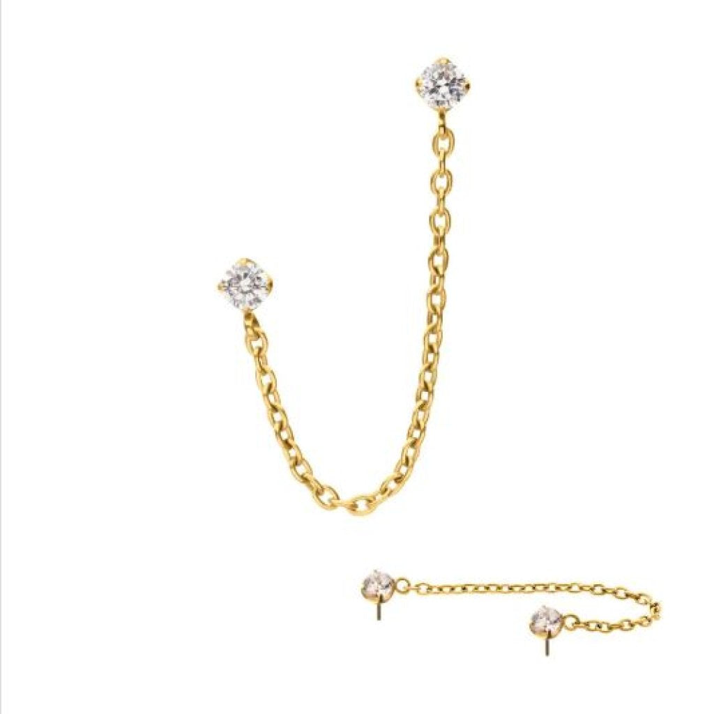 24Kt Gold PVD Titanium Threadless Double Prong Set Gem Top with Rolo Chain Dangle
